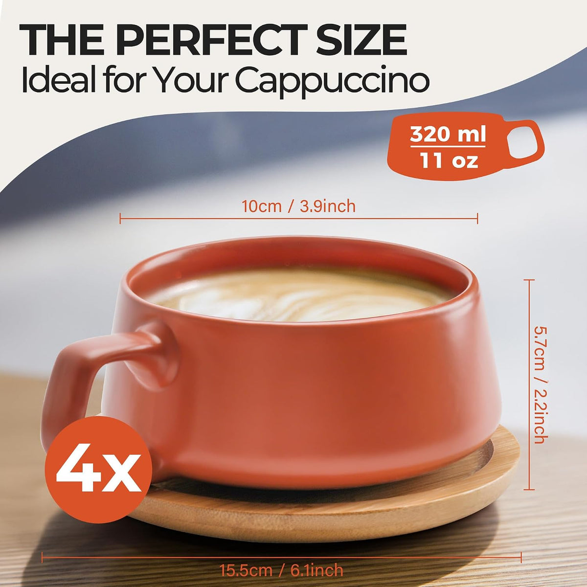 MIAMIO - Cappuccino Cup Set of 4, Ceramic (9.5oz) - Luxe (Beige Pastel) | Ceramic cappuccino cups and saucers, wide latte cups and mugs for Americano, 4-piece set of ceramic cups - dishwasher safe