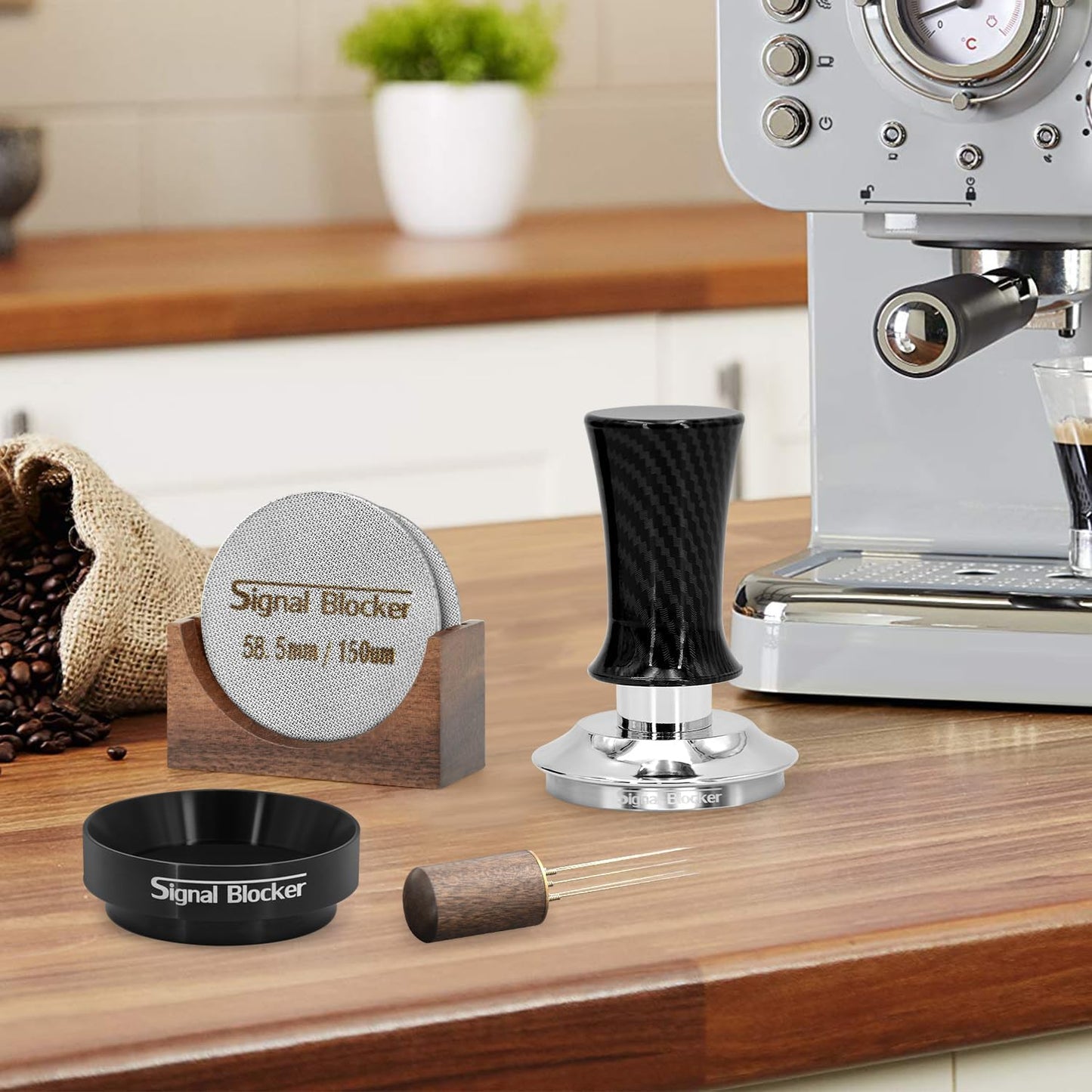 58mm Espresso Coffee Tamper for Espresso Machine: Calibrated Spring Loaded & Stainless Steel Ripple Base - Carbon Fiber Handle with Constant 30lb Fits All 58mm Portafilters | Bundle Including WDT Tool