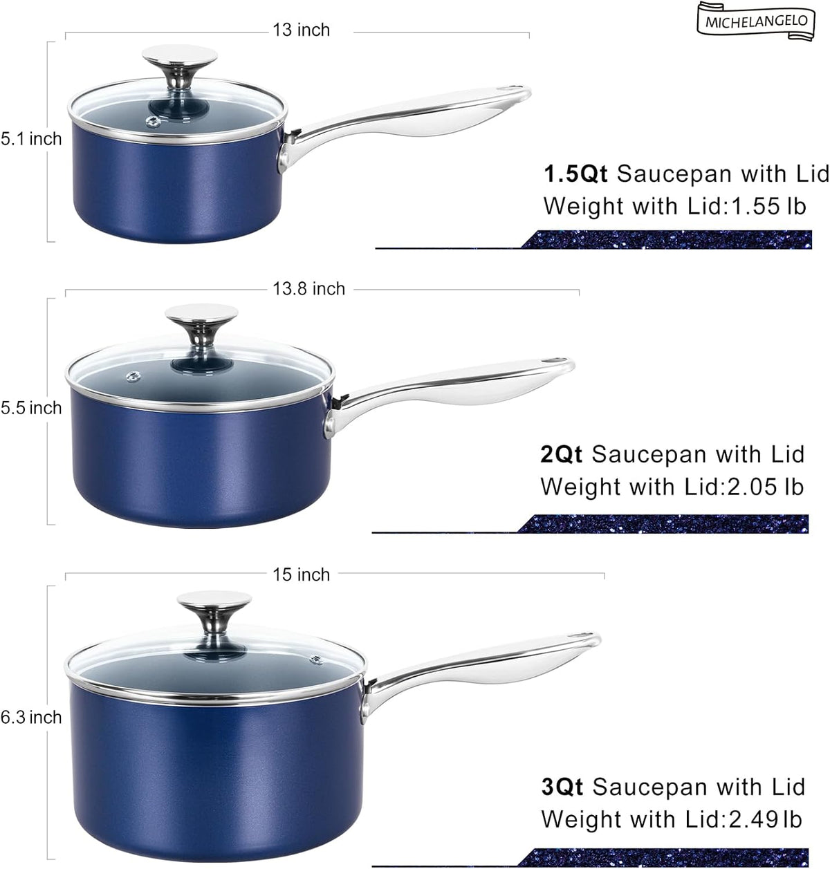 MICHELANGELO Sauce Pan with Lid, Ceramic Saucepan Set, 1.5Qt & 2Qt & 3Qt Sauce Pan Sets, Nonstick Saucepans with Lids, Small Pots with Stainless Steel Handle, Oven Safe, Blue