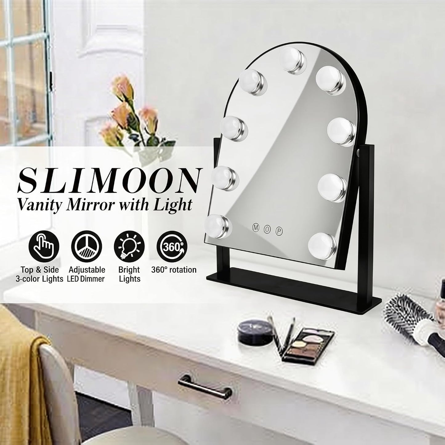 Arched Makeup Vanity Mirror with Lights,10X,Black,14.17"x11.81" | Vanity Mirror with Detachable 10X Magnification Mirror, Rechargeable, 3 Color Lights,Smart Touch, 360‑Degree Swivel