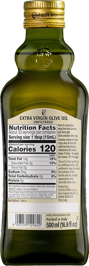Costa D'Oro - L' EXTRA - UNFILTERED - Extra Virgin Olive Oil, Cold Extracted, Balanced Flavour Suitable for All Recipes and Salad Seasoning - 500 Ml. (16.9 fl OZ)