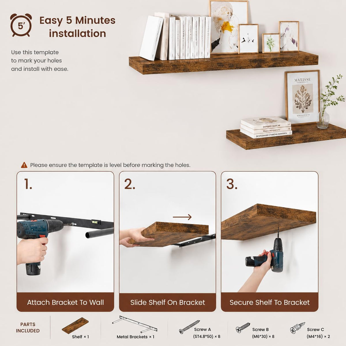 Floating Shelf, Set of 1 Wall Shelf, 24 in W x 10 in D x 1 in H Wooden Floating Wall Shelf with Invisible Brackets for Living Room/Bedroom/Bathroom/Kitchen Storage and Decor, Rustic Brown