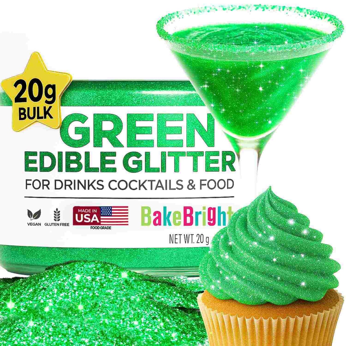 Bulk 20g Light Green Edible Glitter for Drinks | Premium Edible Glitter for Cakes, Cocktails, Light