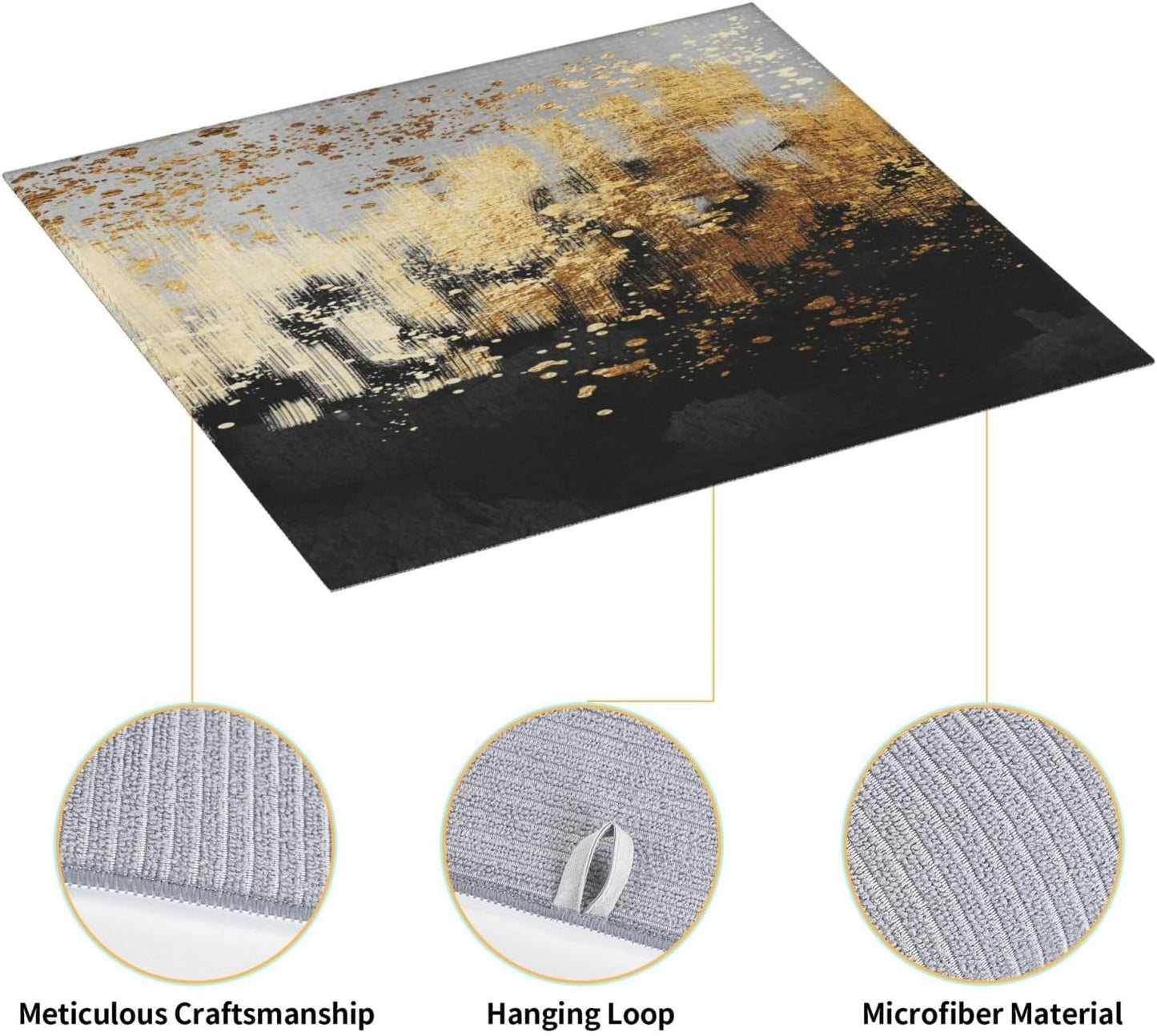Black Gold Art Splash Dish Drying Mat for Kitchen Counter, Absorbent Microfiber Abstract Modern Drying Pad, 16 x 18 inch, Luxury Decorative Foldable Kitchen Mat for Sink & Coffee Bar, Black Home Decor