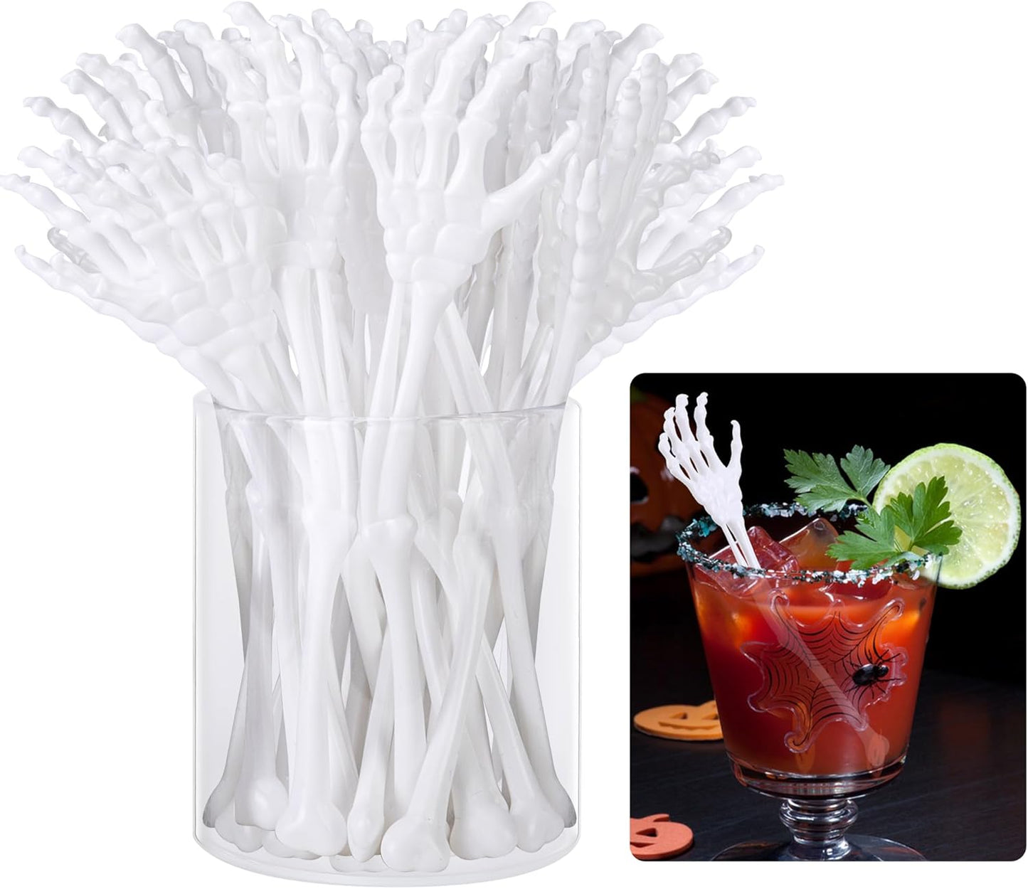 RunNico 50 Pcs 5.9''x1.5'' Halloween Skeleton Cocktail Stirrers, Reusable Skeleton Hand Swizzle Stic
