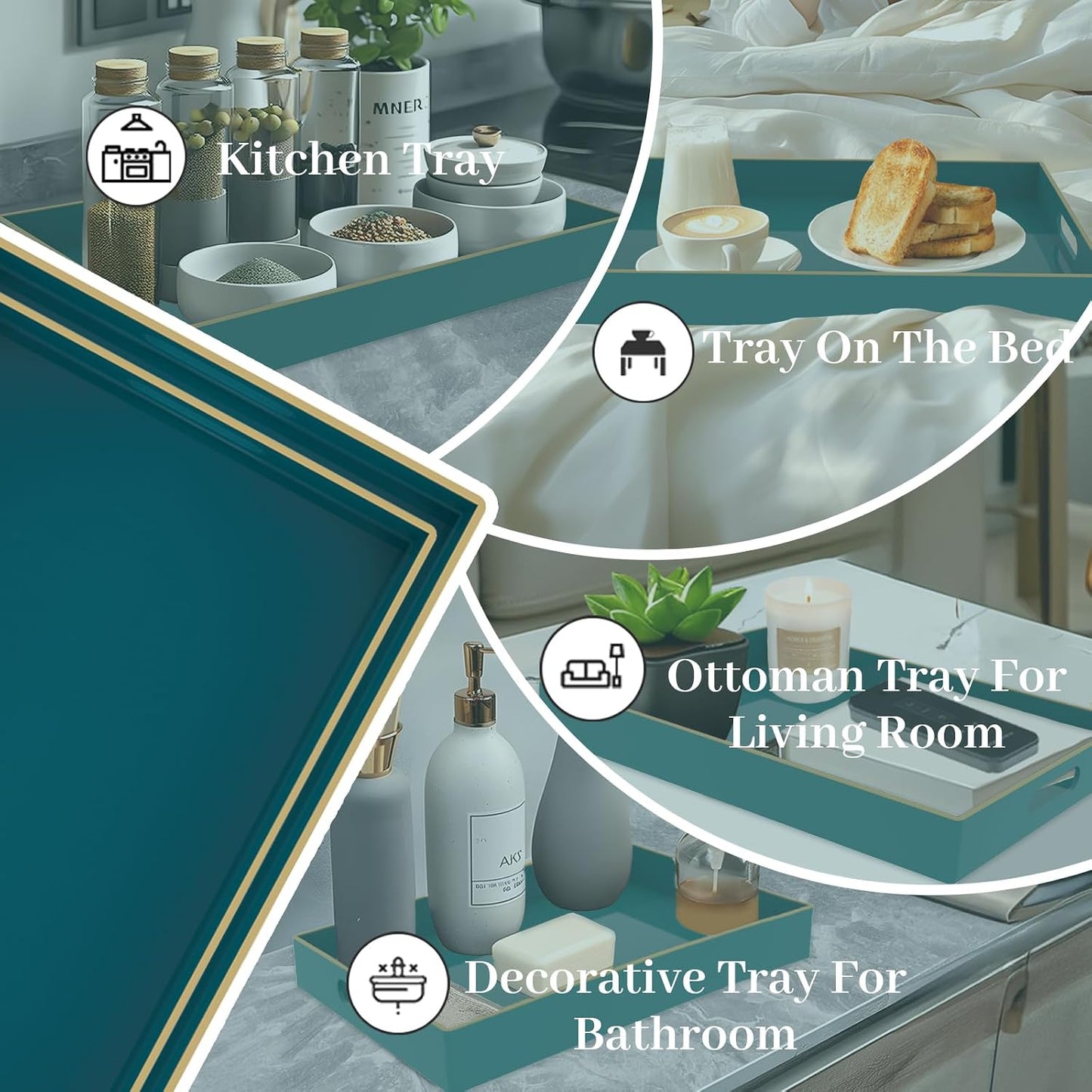 MAONAME Green Serving Tray with Handles, Plastic Decorative Tray Set of 2 | Decorative Tray for Coffee Table, Modern Ottoman Tray, Rectangle Melamine Tray for Living Room, 15.8"L x 10.2"W x 1.4"H