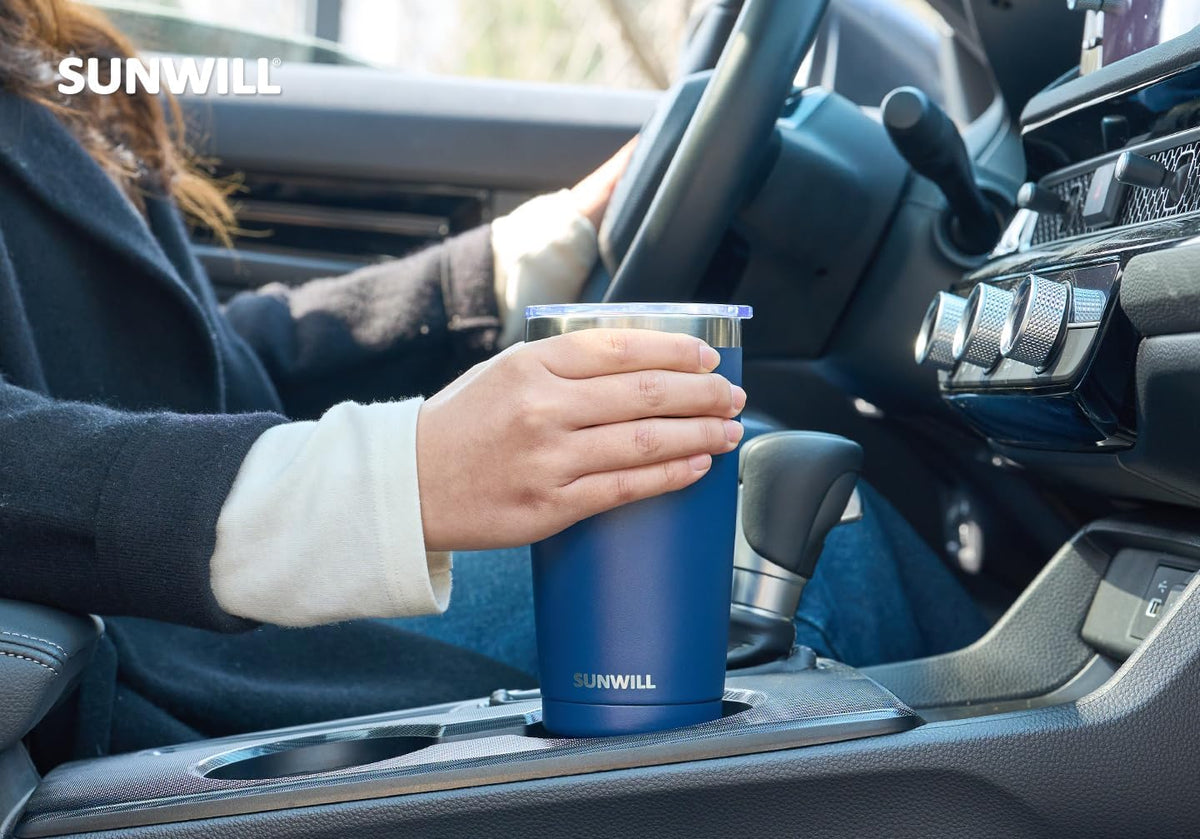 SUNWILL Travel Coffee Mug with Lid, 20 oz Tumbler Set of 2, Insulated Stainless Steel Cup for Water, Tea, Powder Coated Wine & Navy