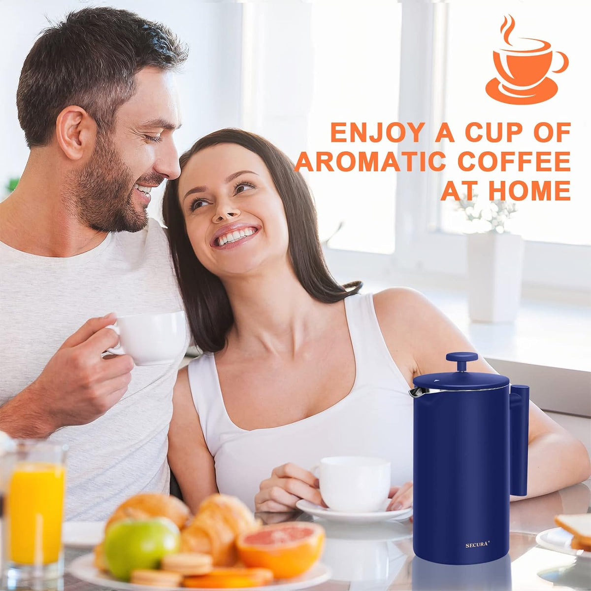 Secura French Press Coffee Maker, 304 Grade Stainless Steel Insulated Coffee Press with 2 Extra Screens, 34oz (1 Litre), Blue