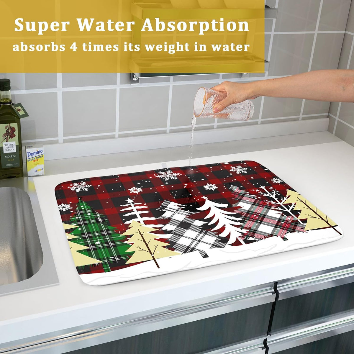 Christmas Dish Drying Mat for Kitchen Counter 16”x18” Christmas Tree Buffalo Plaid Dish Draining Mat Ultra Absorbent Microfiber Pad Holiday Mats Fast Drying Mat Table Protector for Countertop Bar