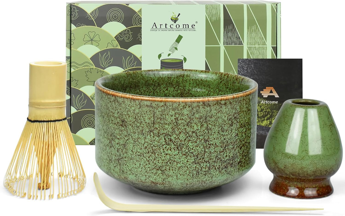 Artcome Premium Matcha Tea Set - 19.6oz Ceramic Bowl with Spout, Bamboo Whisk, Scoop, Whisk Holder &