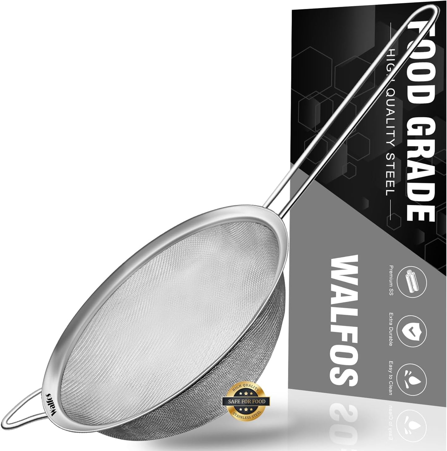 Walfos 8 Inch Fine Mesh Strainer, Premium Stainless Steel Colanders and Sifters, with Reinforced Fra