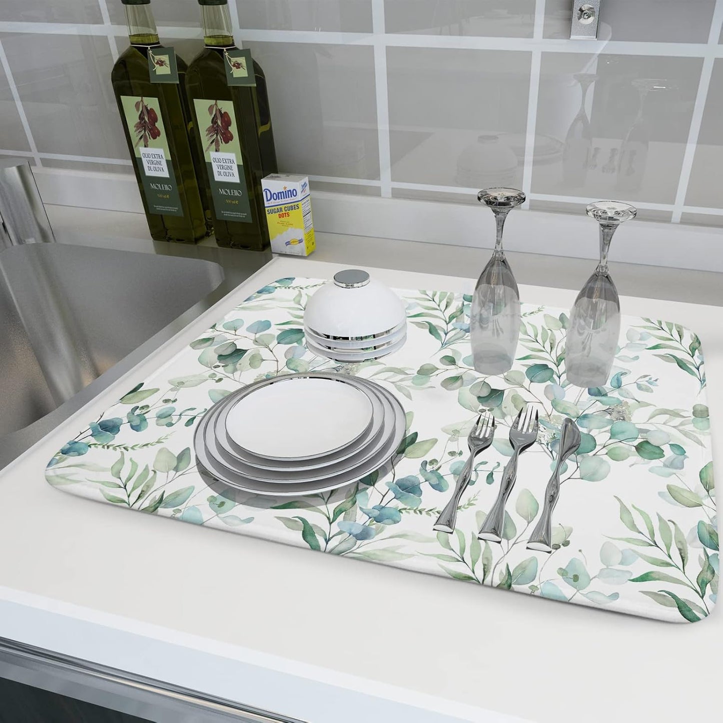 Watercolor Sage Leaves Dish Drying Mats for Kitchen Counter 16x18 Inch,Spring Leaves Kitchen Drying Mat,Sage Herbs Dishes Pad Dish Drainer Rack Mats Absorbent Fast Dry Kitchen Accessories
