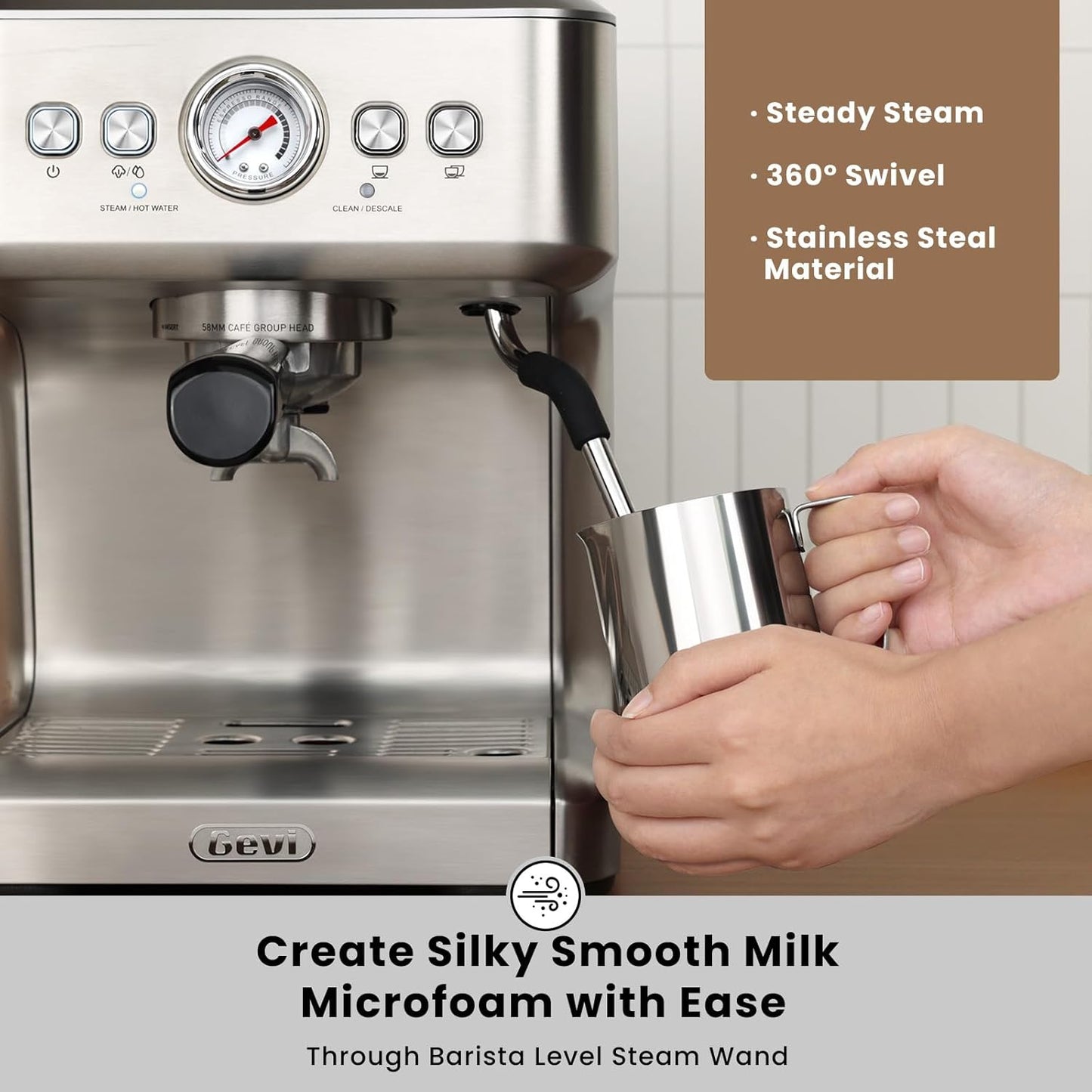 Gevi EzBru 1000C Commercial Grade Espresso Machine | 20Bar Pump + PID Temp Control (Adjustable Shot/Temp) | 58mm Portafilter w/Pressure Gauge | 2.2L Tank & Barista Kit | Home & Café Use