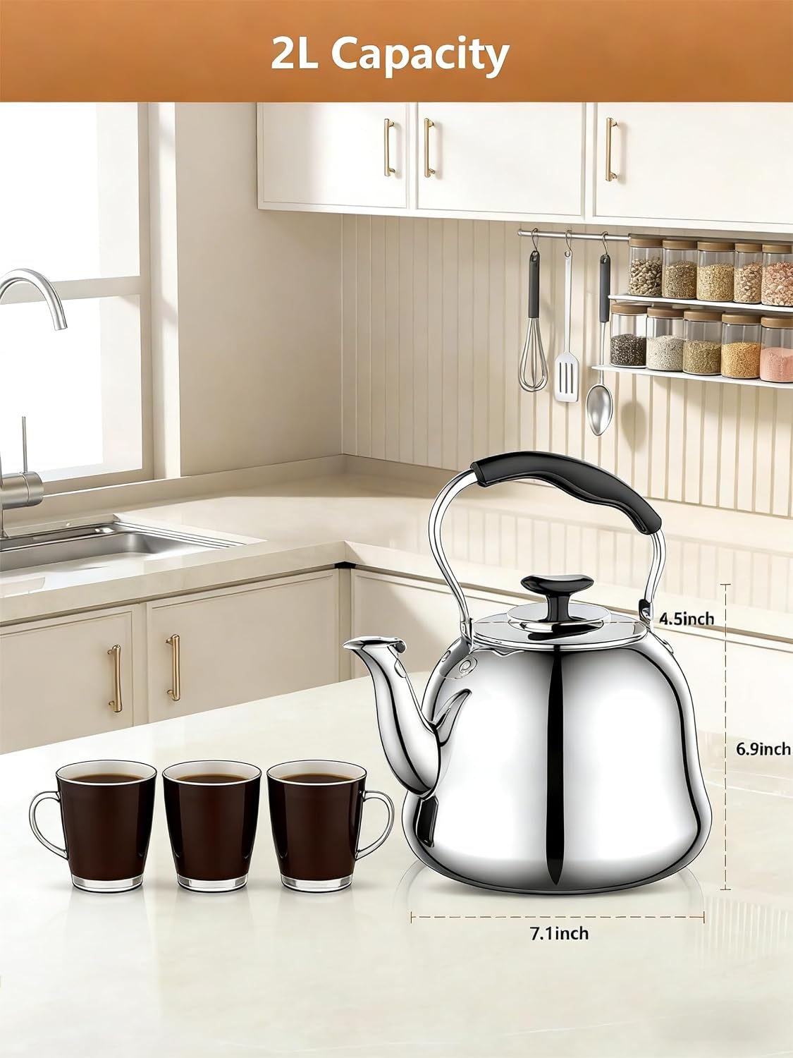 2L Whistling Stovetop Tea Kettle, 304 Food Grade Stainless Steel - Boil Alert Whistle (Not Auto Shutoff), Folding Cool-Touch Handle, Gas/Electric/Ceramic Compatible | Max Safe Fill: 1.6L (6 Cups)