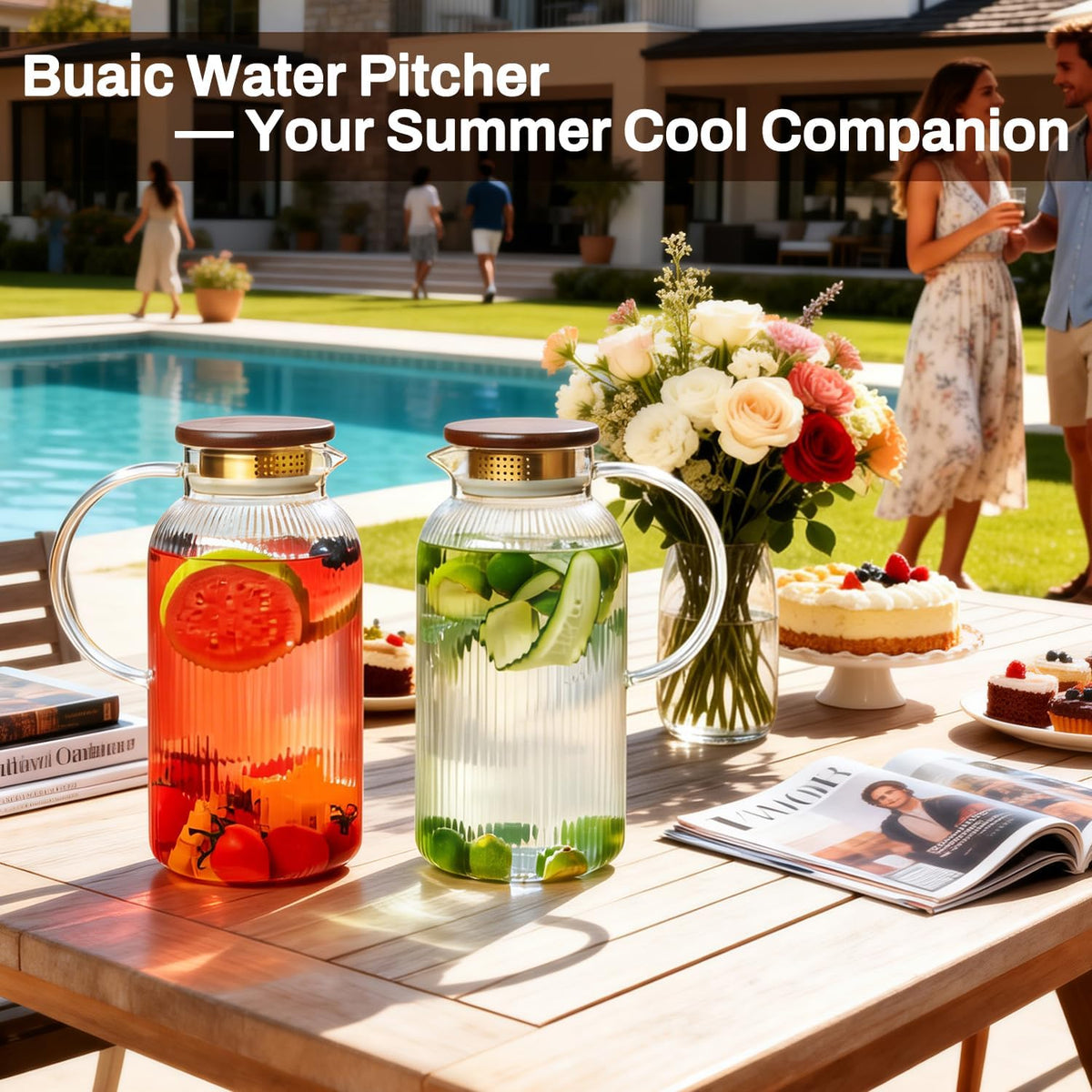 Buaic 2 PACK Glass Pitcher with Lid, 68oz/ 2 Liter Glass Water Pitcher | Classic Vertical Stripes Water Pitcher with Wooden Lids and Widened Handle, Glass Water Carafe for Iced Tea,Beverage,Hot/Cold