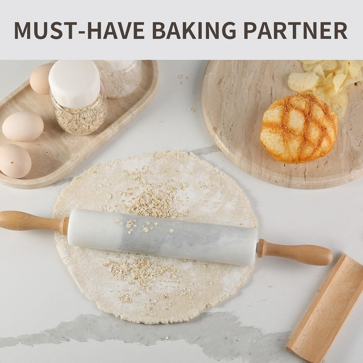 Koville Marble Rolling Pin, Non-Stick African Stone Polished Dough Roller, Pasta, Dumpling, Ravioli, Fondant, Pie Crust, Kitchen Baking Pastry Tools