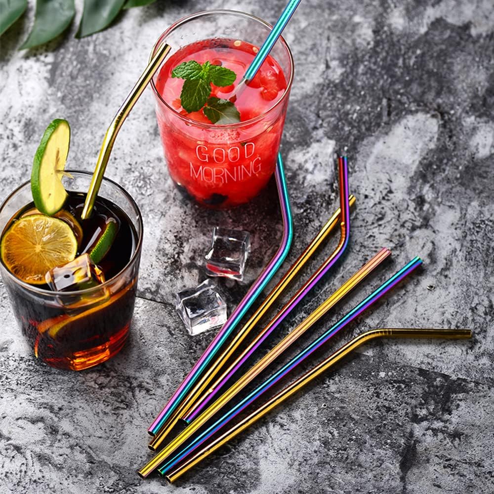 Tomorotec 24 PCS Straight & Bent Stainless Steel Straws for Tumblers, 10.5” | 12 Straight & 12 Bent Reusable Drinking Straws, 10.5” Metal Straw with Brushes for Smoothies Juices Cocktails (Metallic)