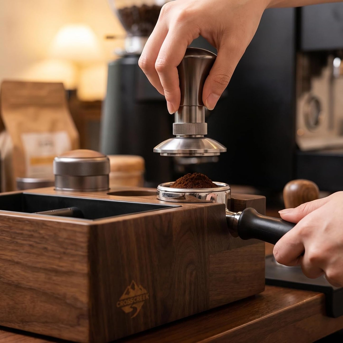 Coffee Knock Box for 58mm Portafilter - 4-in-1 Natural Walnut Espresso Tamping Station, Distributor & Tamper Holder, 1.5L Large Capacity Coffee Grounds Container for Coffee Bar Accessories