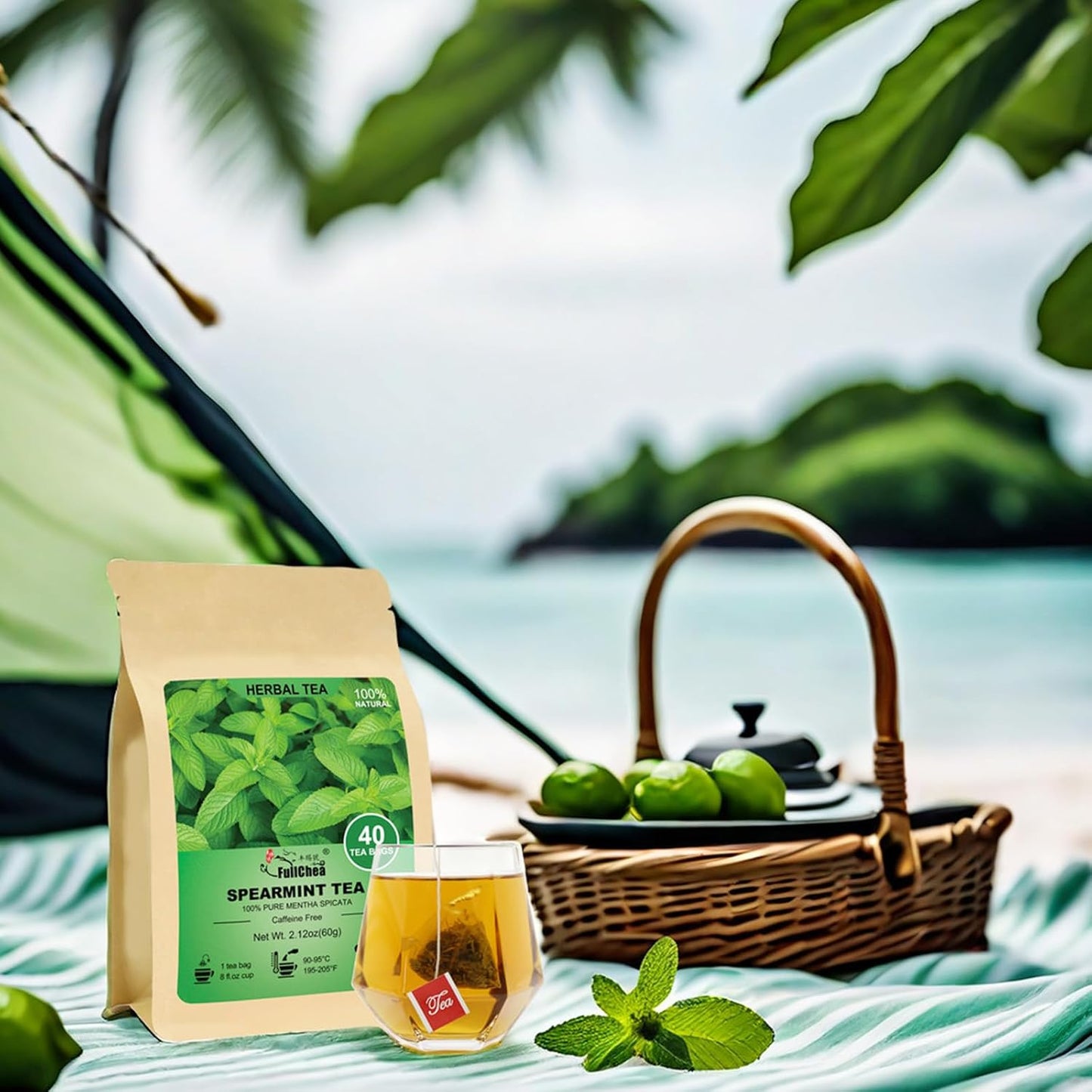 FullChea Spearmint Tea Bags, 40 Counts, Non-GMO, Caffeine-Free | Pure Dried Spearmint Leaf, Supports Digestion, Rich in Antioxidants. No Additives, Resealable Pouch