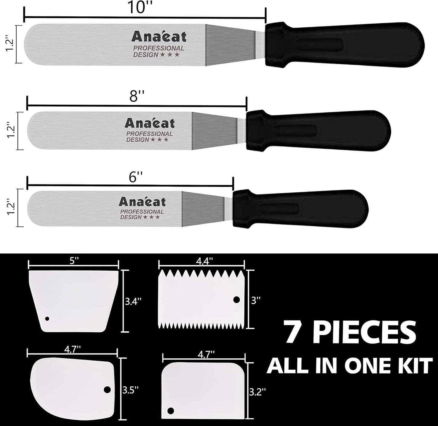 Anaeat Icing Spatula, 3 Pieces Professional Angled Offset Frosting Spatulas with 6", 8", 10" Stainless Steel Blades & 4 Pack Cake Smoother Scraper for Cake Decorating, Baking & Pastry (Set of 7)