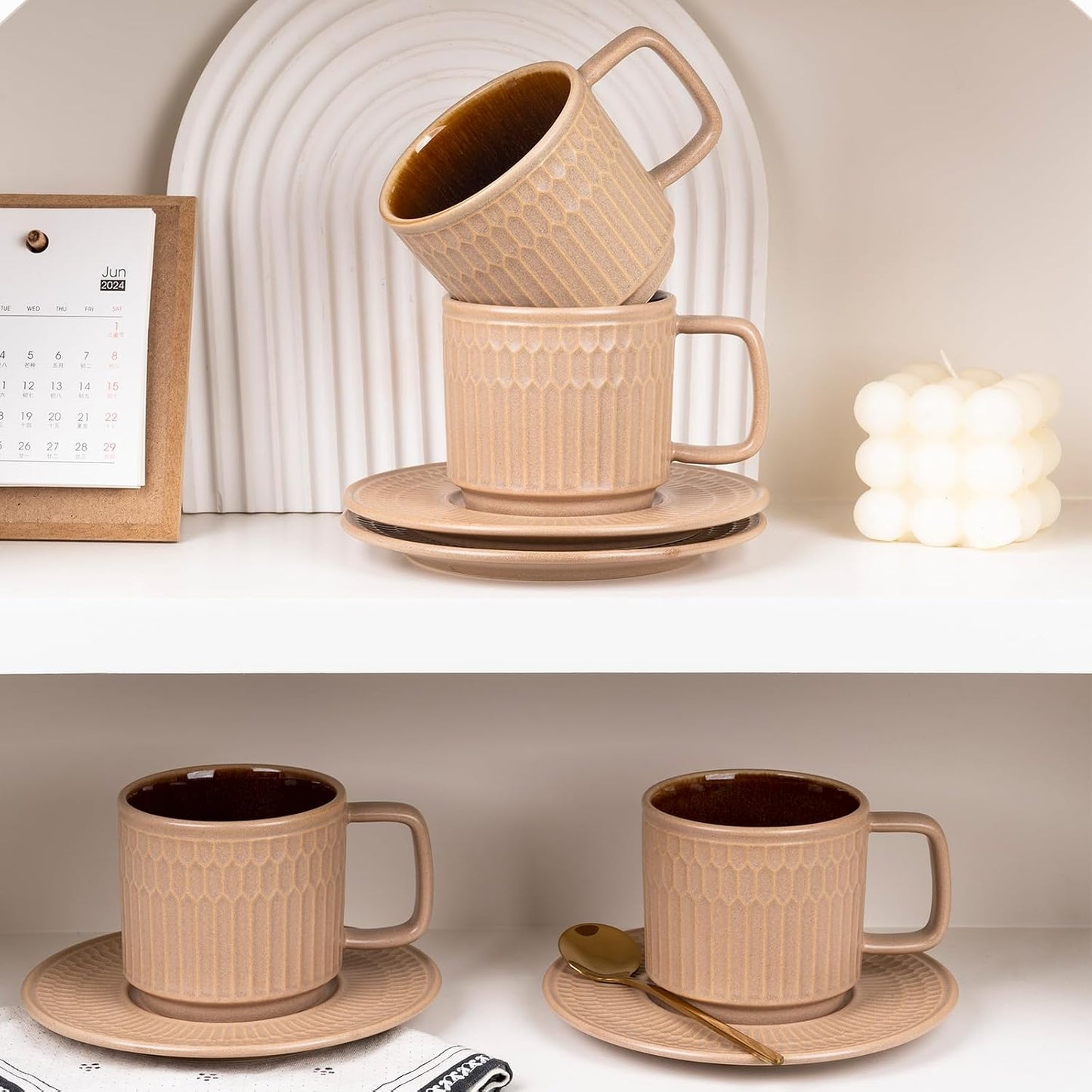 8oz Cappuccino Cups with Saucers Set of 4, 8 Ounce Stackable Embossed Ceramic Coffee Mugs for Specialty Coffee Drinks, Latte Mugs, Cafe Mocha and Tea, Dishwasher & Microwave Safe (Brown)