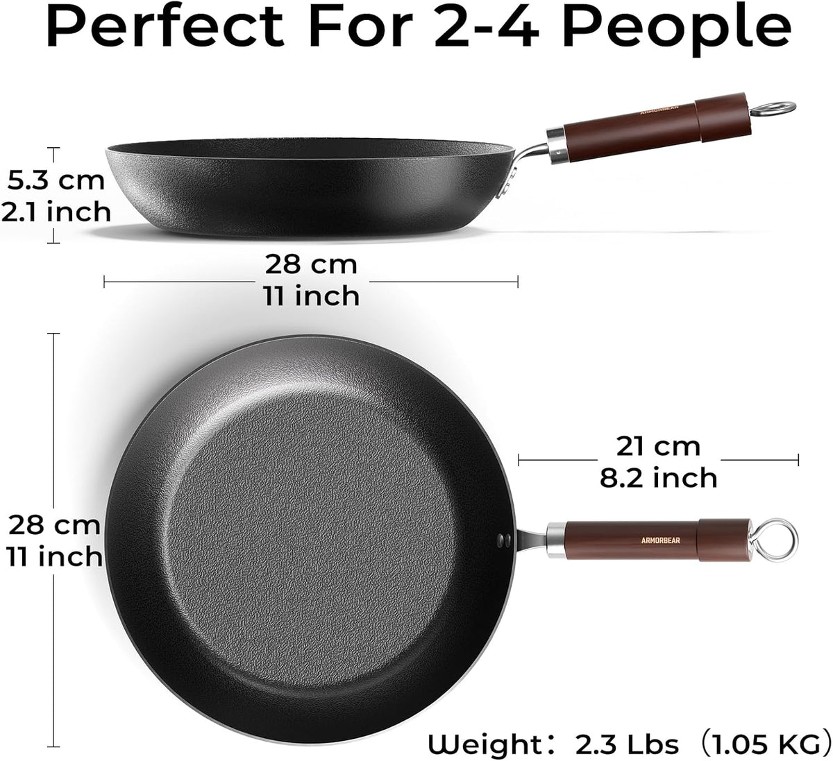 Carbon Steel Frying Pan, Pre-Seasoned 11-Inch Cooking Skillet Wooden Handle, PFAS & PFOA-Free, Nitrided Black Fry Pan for Kitchen, Camping, Chef Use