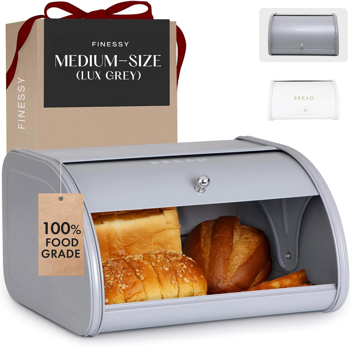 FINESSY Modern Metal Bread Box for Kitchen Countertop, Farmhouse Homemade Loaf Bread Storage Bin Holder for Kitchen Counters Organizer, Airtight Roll Top Sourdough Corner Breadbox Container Keeper