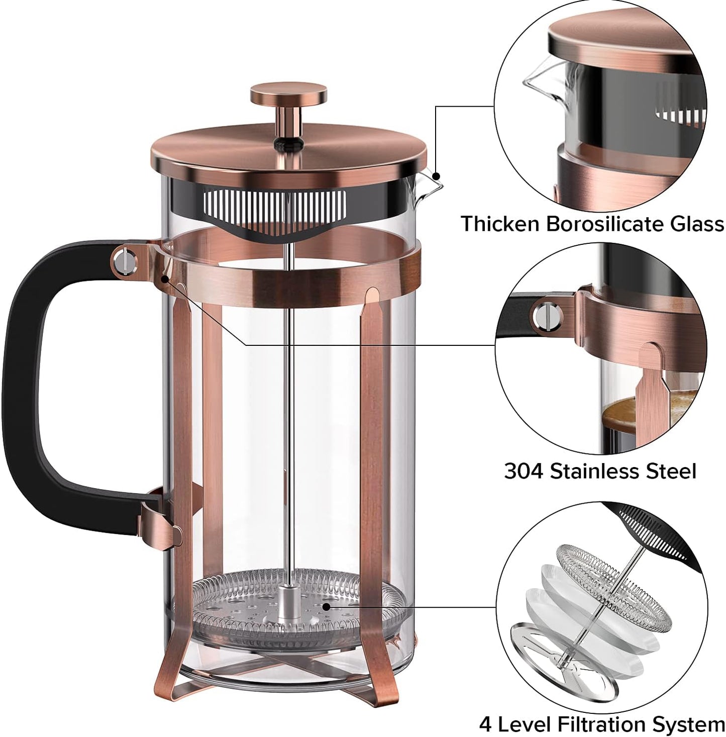 QUQIYSO French Press Coffee Maker, Borosilicate Glass Coffee Press | Thickened Glass Stainless Steel Coffee French Press,Easy to Clean,4 Filter Suitable for Kitche Camping Gifts (21oz, Copper)