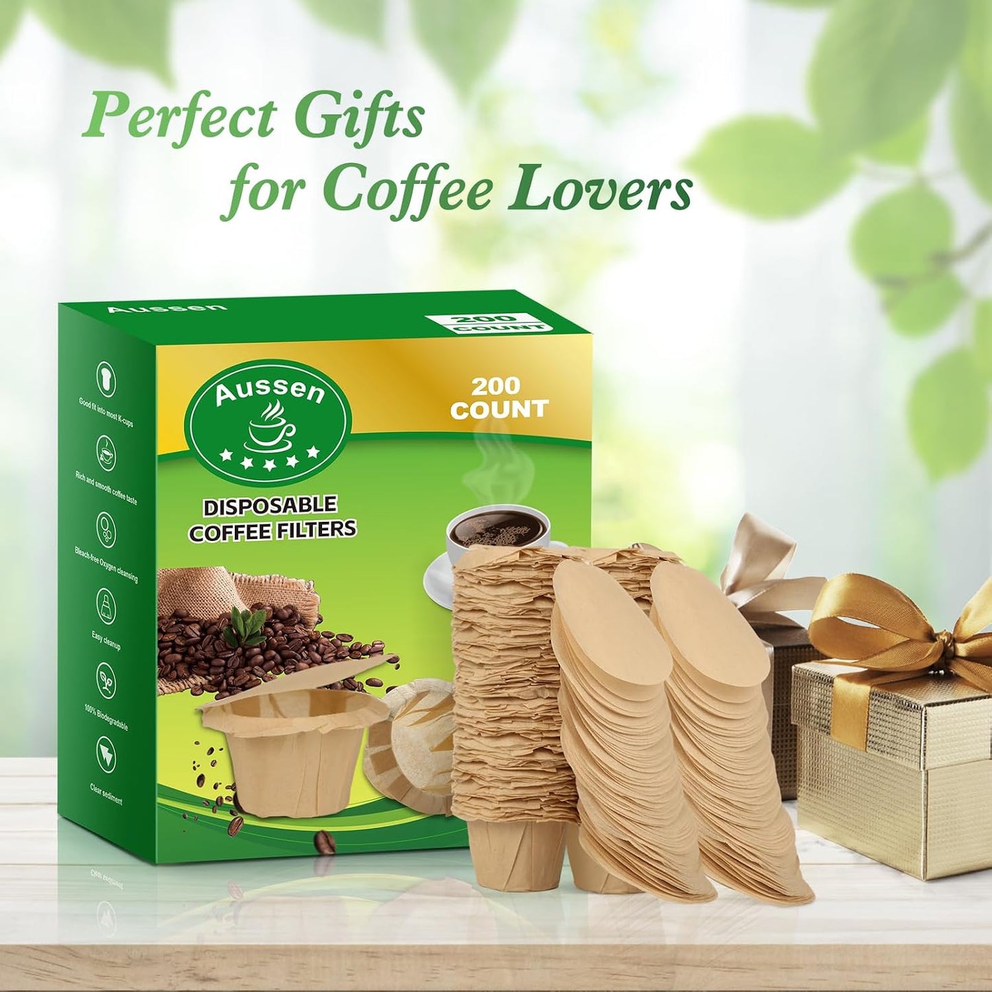 Aussen Disposable Coffee Paper Filters, Fits All Reusable K-Cup Coffee Pods | Replacement Kerig Filter, Works with Keurg Brewers Reusable Single Serve 1.0 & 2.0, Tear Resistant, Natural with Lid, 200 Ct