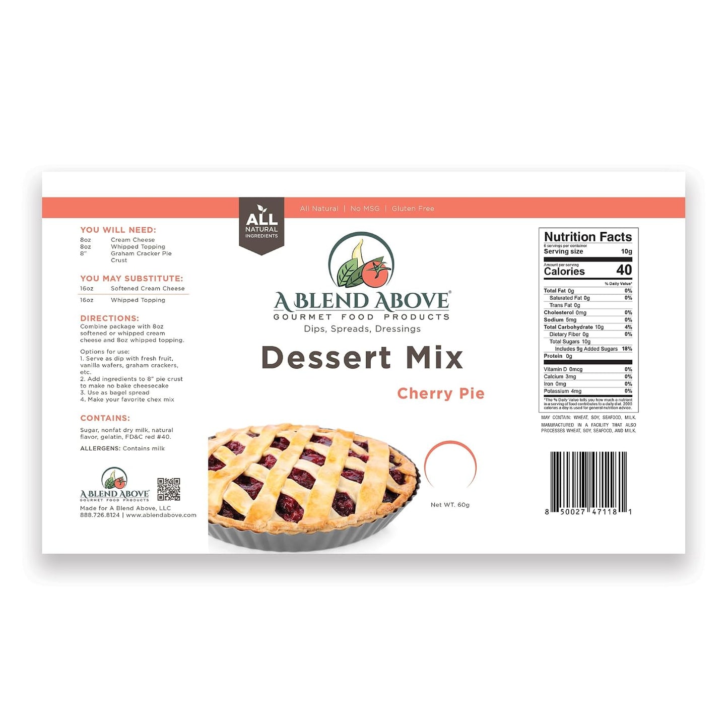 A Blend Above Cherry Pie No Bake Dessert Mix - All Natural, Gluten Free, No MSG - Instant Dessert Mix, Fruit Dip, Bagel Topping, Frosting, Cheesecake Filling - Makes 16 Oz (Pack of 3)