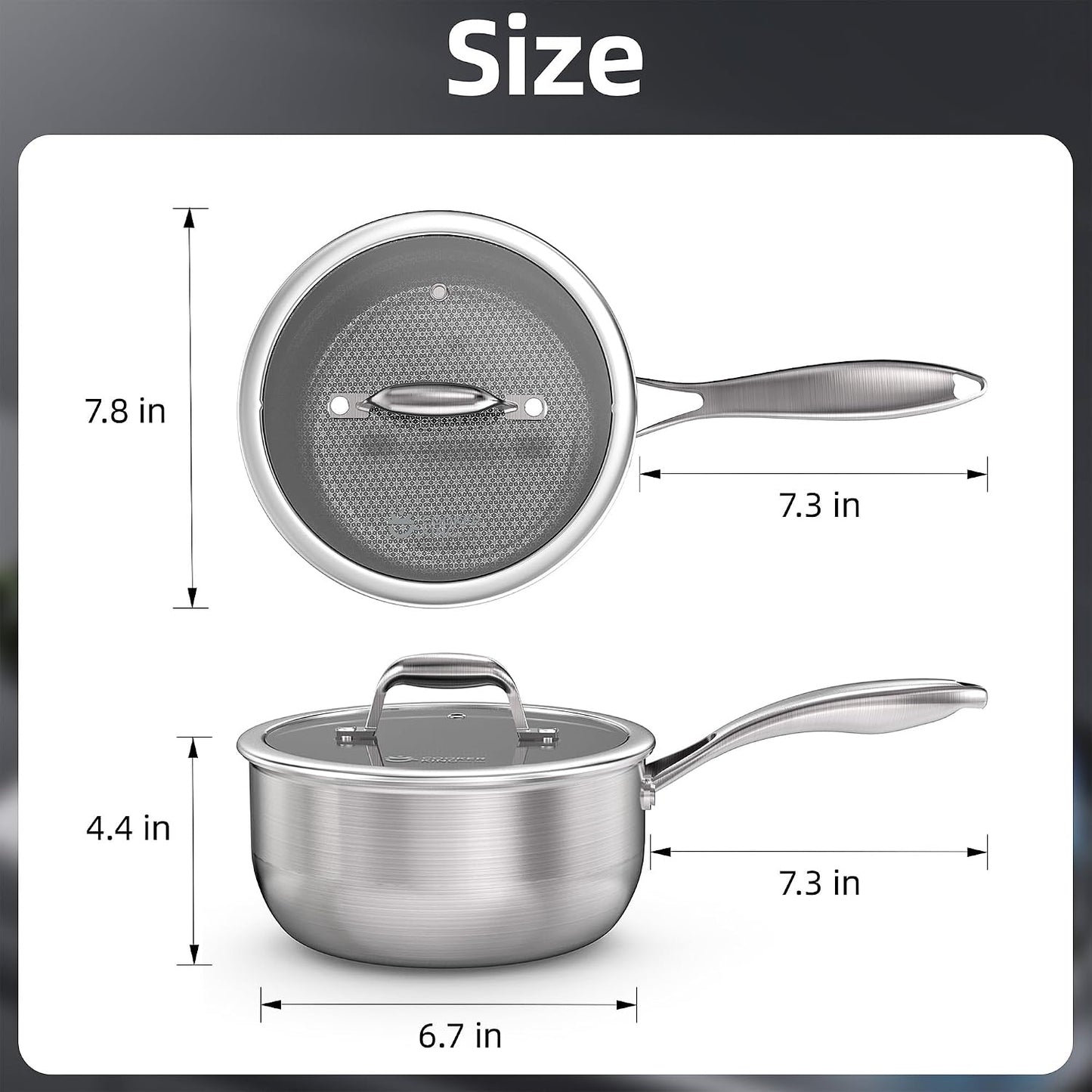 COOKER KING 3 Quart Stainless Steel Saucepan with Lid, Tri-Ply Ceramic Nonstick Pot, Metal Utensil Safe, Dishwasher & Ov