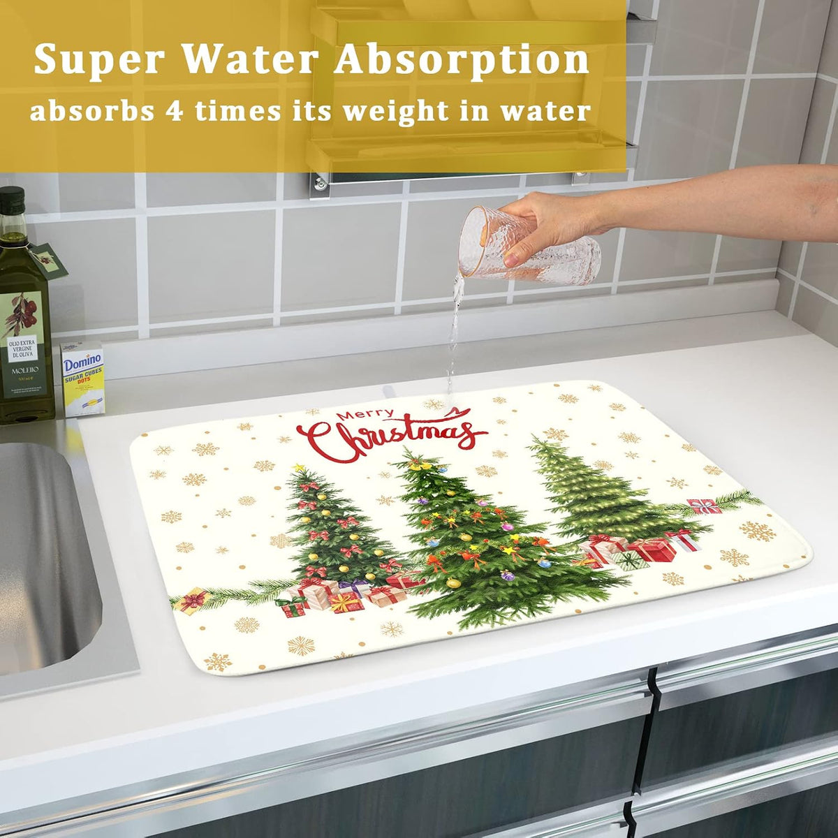 Merry Christmas Dish Drying Mats for Kitchen Counter 16x18 Inch Christmas Tree Dish Drainer Mats Dry Pad Xmas Forest Drying Mat for Dish Christmas Decorations for Kitchen Countertop Tableware Decor