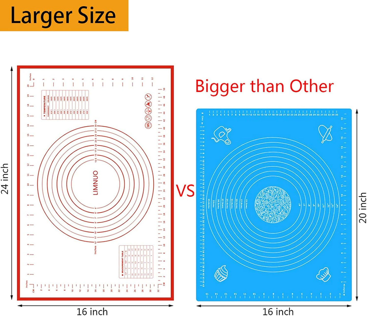 Silicone Baking Mat,Non Stick Rolling Dough with Measurements for Pie Pizza Cookies Fondant Making,Extra Thick Non Slip Silicone Pastry Mat (Red, L-16"×24")
