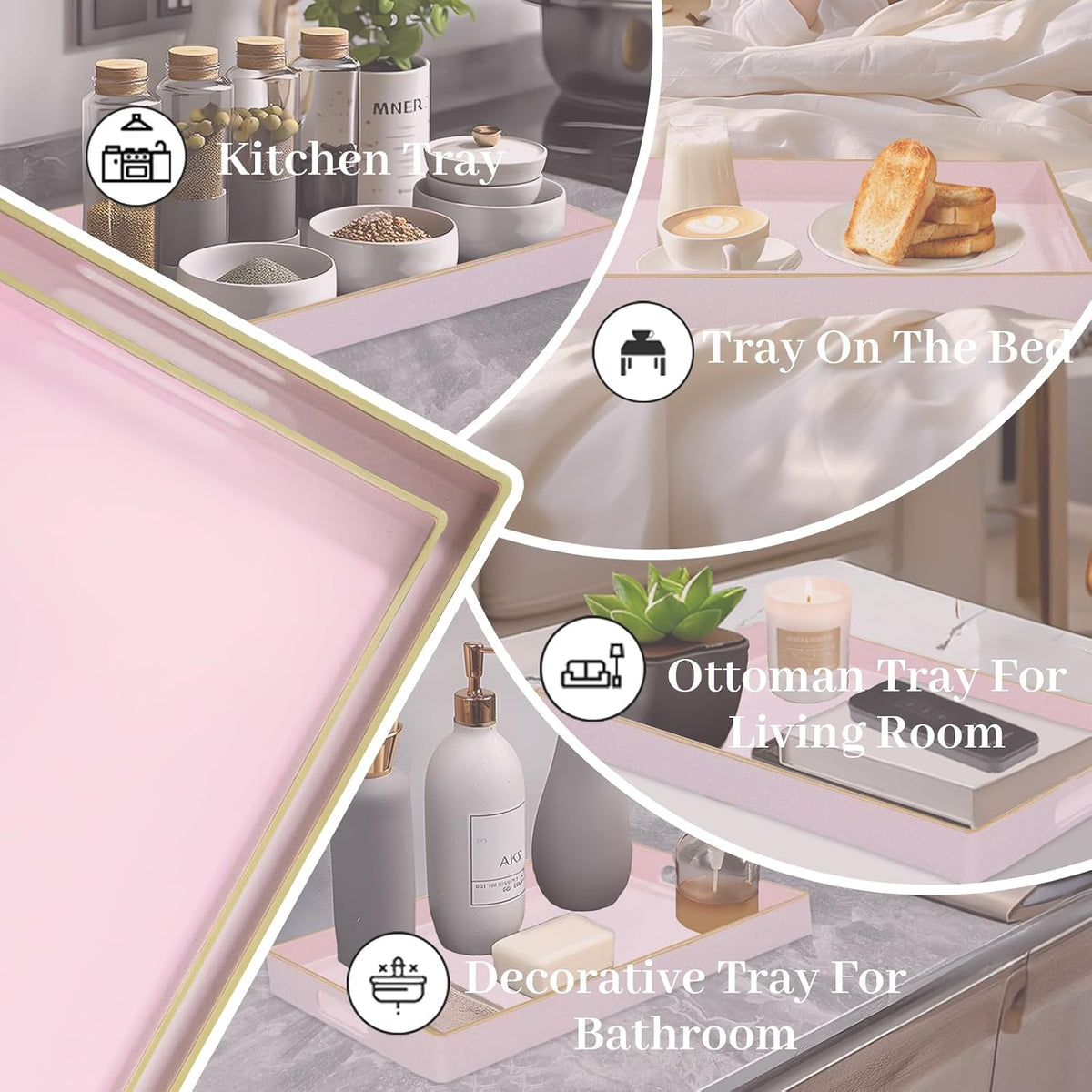 MAONAME Pink Serving Tray with Handles, Plastic Decorative Tray Set of 2 | Pink Decorative Tray for Coffee Table, Modern Ottoman Tray, Rectangle Melamine Tray for Living Room, 15.8"L x 10.2"W x 1.4"H