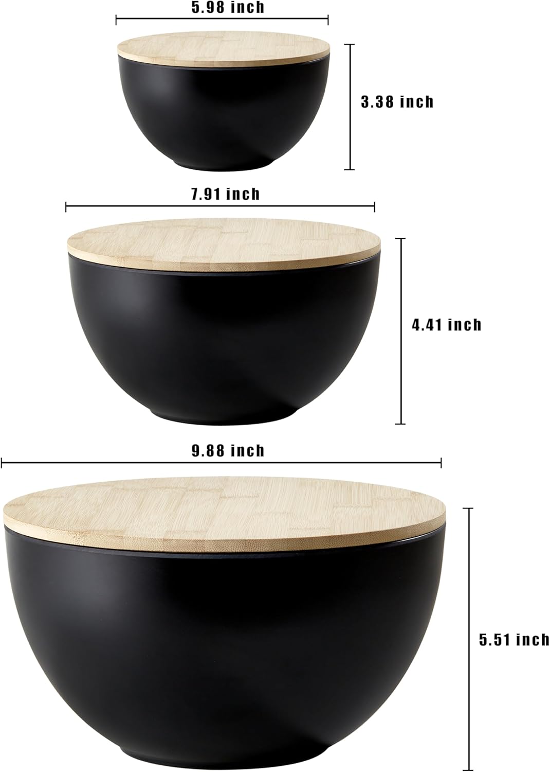 JOYMAY Salad Bowl with Lid, Mixing Bowl Salad Bowl Set, Natural Bamboo Fiber Serving Bowl Set of 3 with Bamboo Wood Lid, Nesting Bowls for Salads,Pastas(Black,10",8",6")