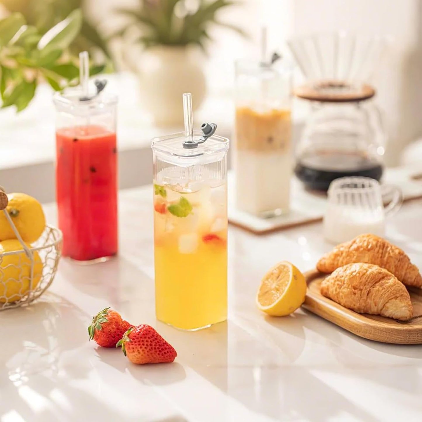 KEMORELA 6 Sets Square Drinking Glass Cups, Old Fashioned Glasses, 17 Oz Square Glasses, Clear Highball Modern Glassware Tumbler Mixed Drinkware with Straws for Cocktail Coffee Juice(Square-6PCS)