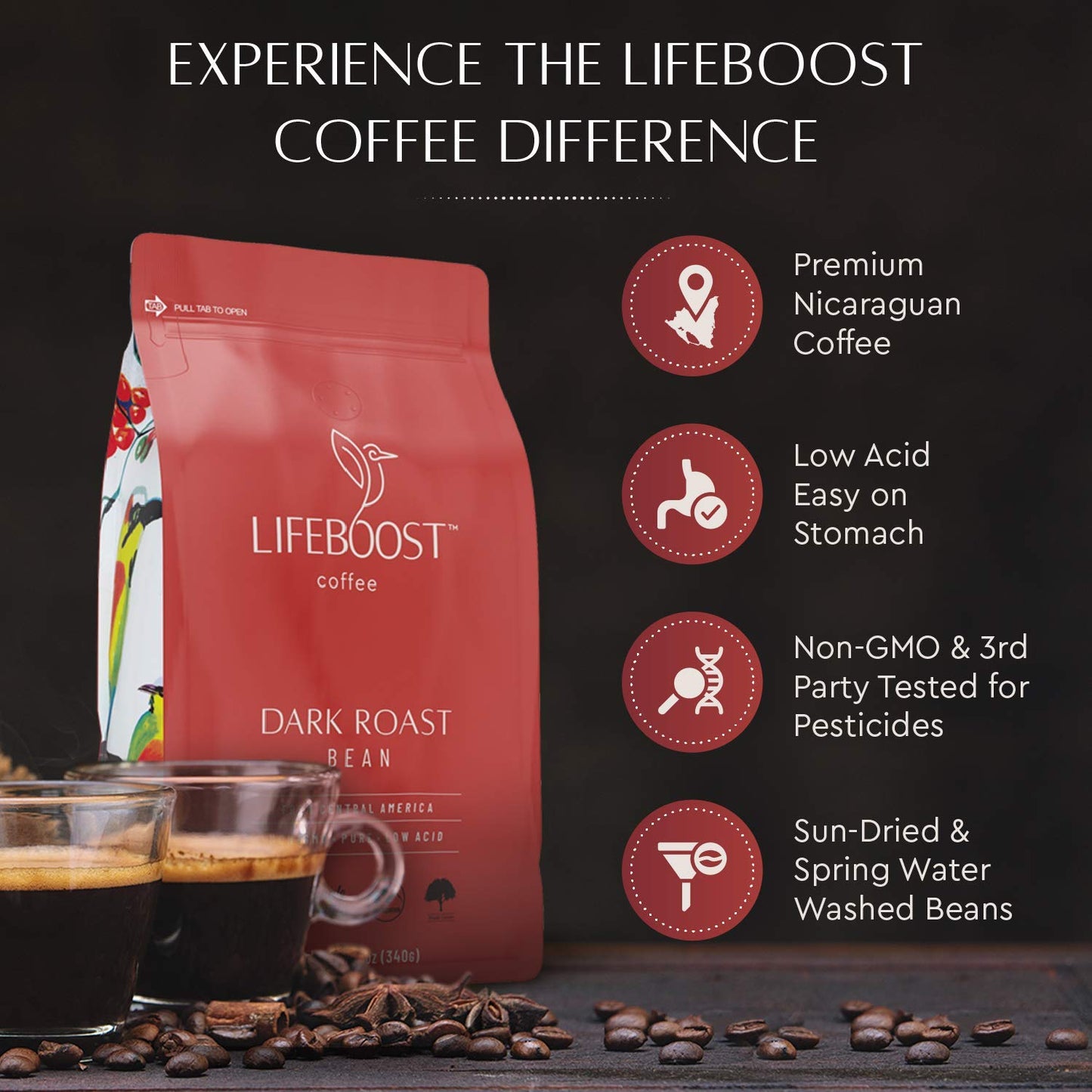 Lifeboost Dark Roast Low Acid Coffee Beans, Organic, 12oz, 3 Pack