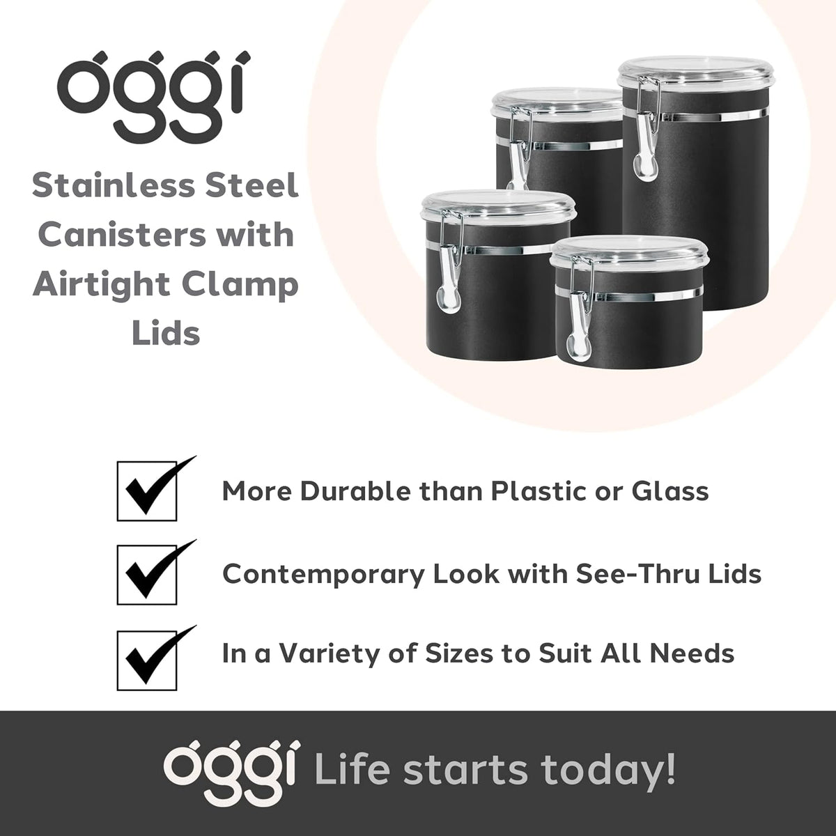 Oggi Stainless Steel Kitchen Canister 47 fl oz, Black - Airtight Clamp Lid, Clear See-Thru Top - Ideal for Kitchen Storage, Food Storage, Pantry Storage. Large Size 5" x 6".