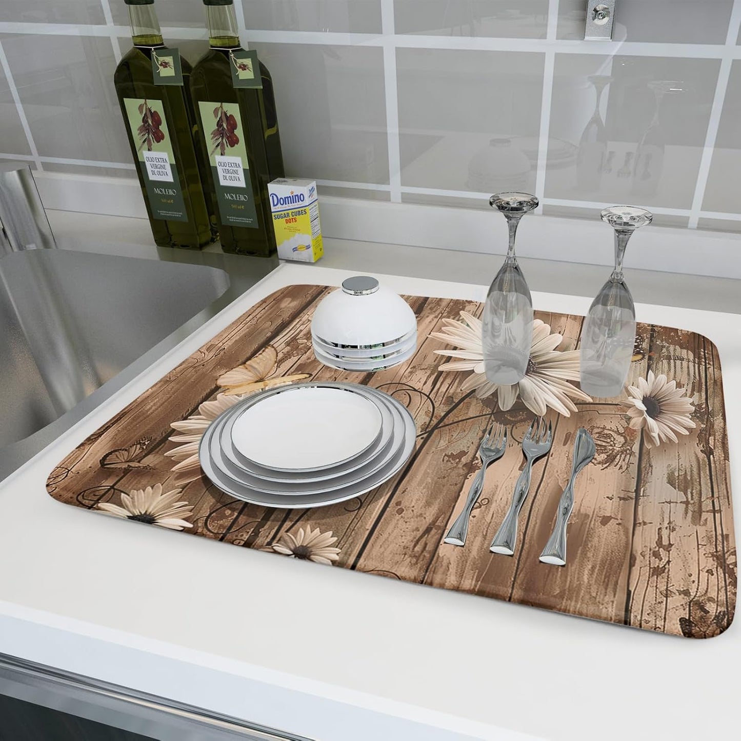 Summer Daisy Flowers Dish Drying Mat for Kitchen Counter 16x18in Rustic Wood Floral Kitchen Mat Daisy Microfiber Absorbent