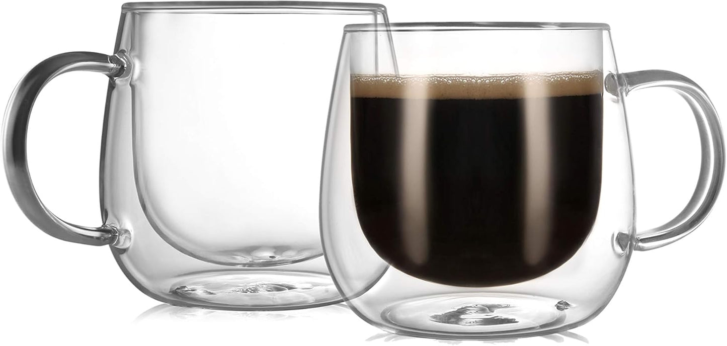 CNGLASS 12oz Double Walled Glass Coffee Mugs(2-pack),Clear Coffee Cups with Handle,Glass Espresso Mu