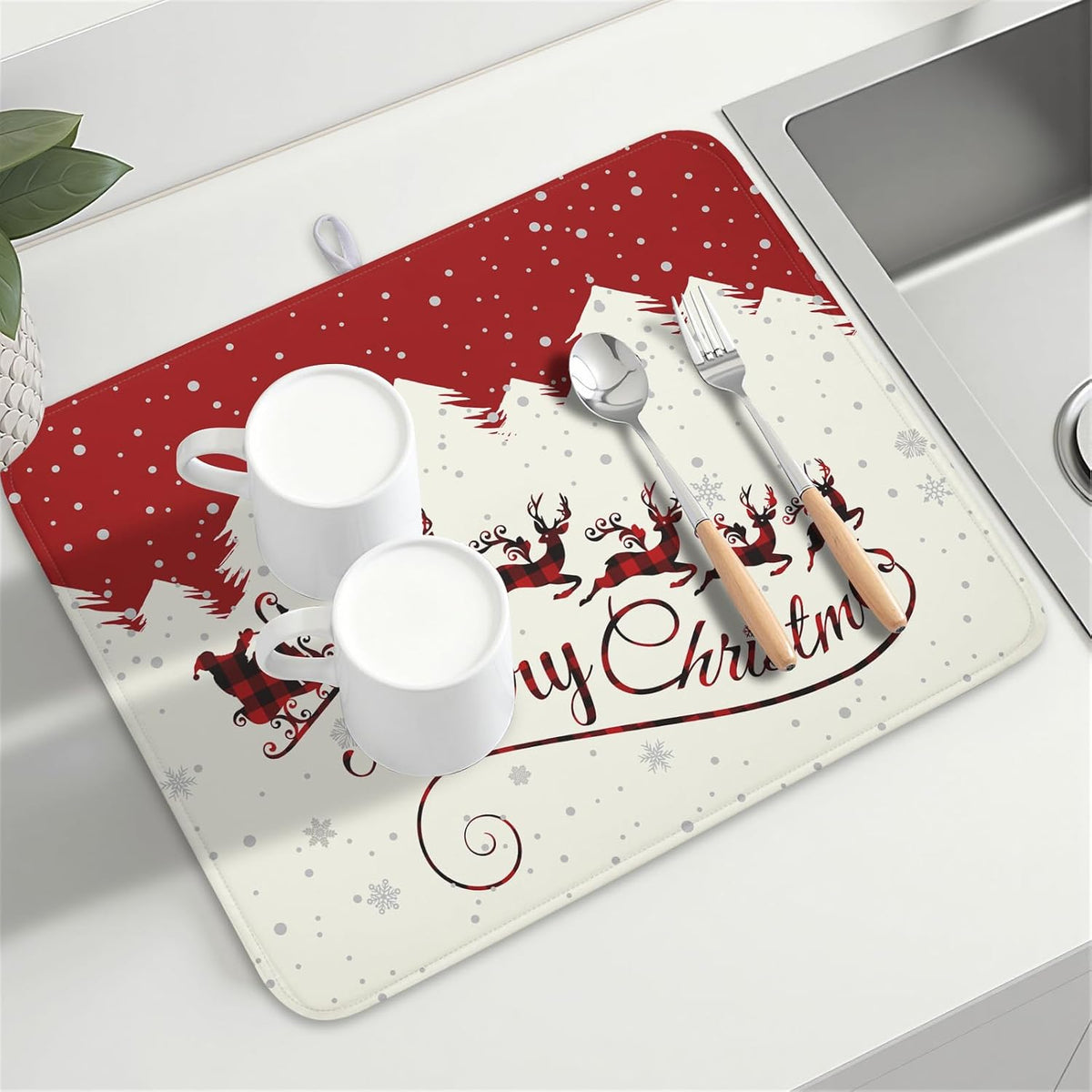 Christmas Moose Dish Drying Mat 18x24 for Winter Santa Claus Kitchen Counter Decor Absorbent Reversible Microfiber Deers Animal Dishes Pad Dish Drainer Rack Mats Kitchen Accessories