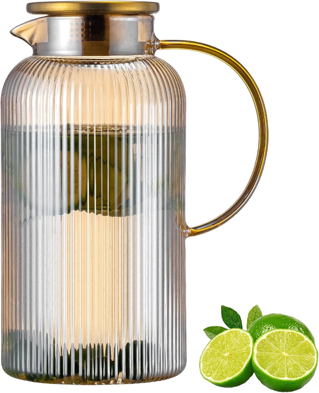 Glass Pitcher with Lid, 84oz/2.5 Liter Amber Classic Vertical Stripes Water Pitcher,Glass Water Cara