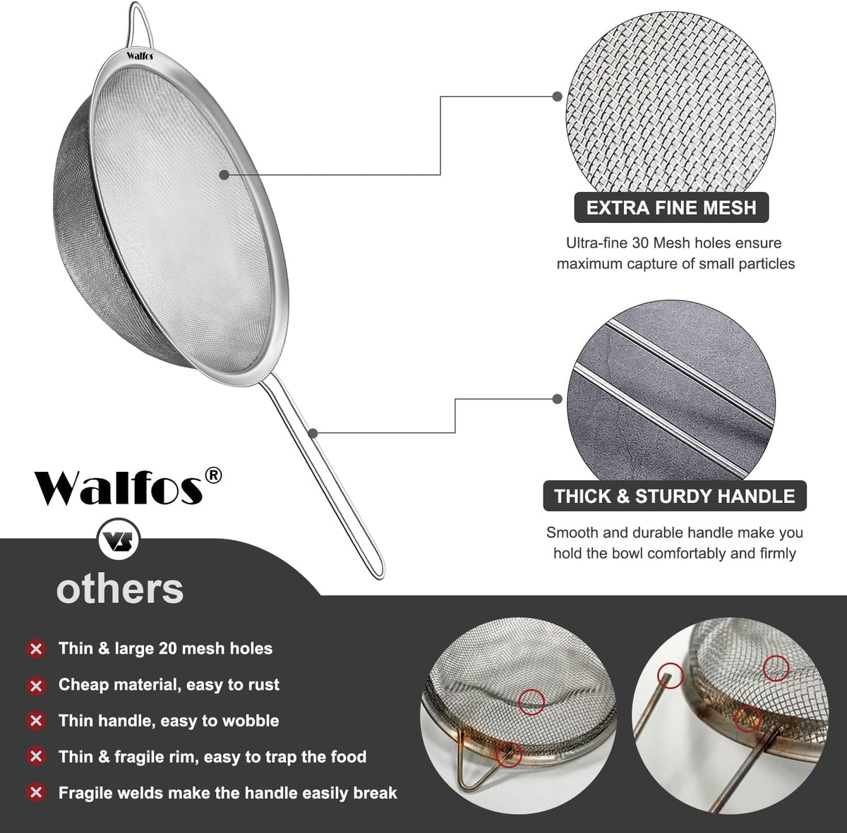 Walfos 8.6 Inch Large Fine Mesh Strainer, Kitchen Metal Food Strainers with Sturdy Handle, Stainless Steel 30 Mesh Sieve Sifters for Rice, Quinoa, Pasta, Fruits, Vegetables, etc.
