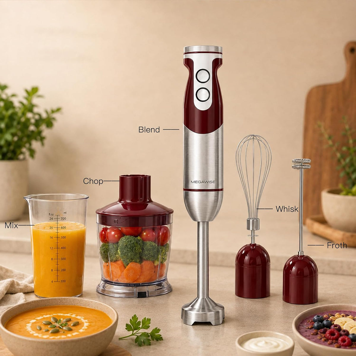 MEGAWISE 5-in-1 Immersion Hand Blender, 400W, Variable Speed, Red