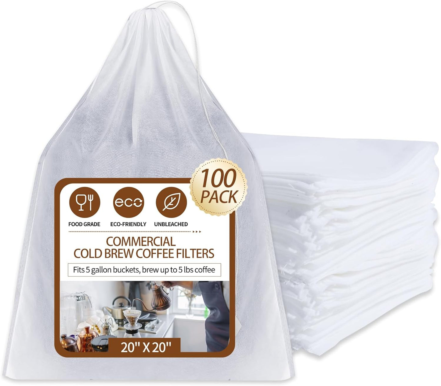 100Pcs Commercial Cold Brew Coffee Filters for 5 Gallon Buckets, 20" X 20" Disposable Coffee Filters