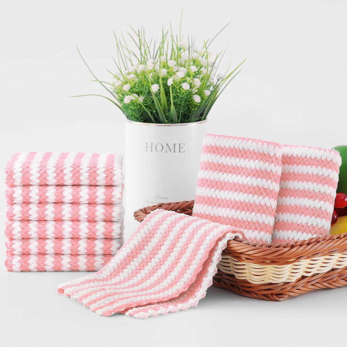 Homaxy 12 Pack Kitchen Dish Cloths, Ultra Soft and Absorbent Dish Towels, Reusable Fast Drying Microfiber Cleaning Cloth, Coral Velvet Wave Design No-lint, 10 x 10 inches, Pink