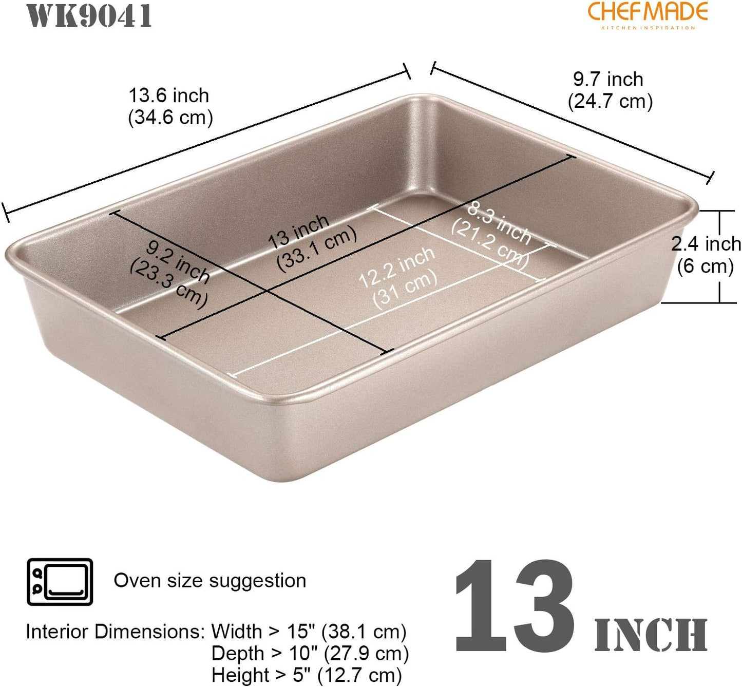 CHEFMADE 13-Inch Rectangle Cake Pan, Non-Stick Loaf Pan Deep Dish Bakeware for Oven Roasting Meat Bread Jelly Roll Battenberg Pizzas Pastries 9.7" x 13.6" X 2.4"(Champagne Gold)