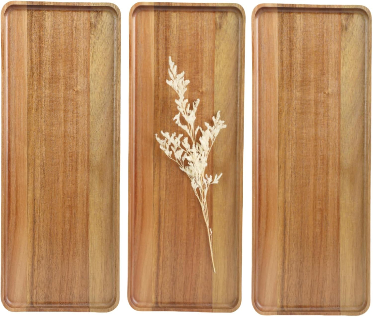 3 pcs 14"x5.3" Solid Acacia Wood Serving Trays Rectangular Wooden Serving Platters Natural Wooden Bo