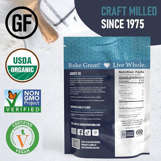 Great River Milling Organic Barley Flour | Unbleached, Unbromated, Non-GMO, Kosher | High Fiber, Nutty Flavor Perfect for Breads, Pancakes, & More | 5 Lb