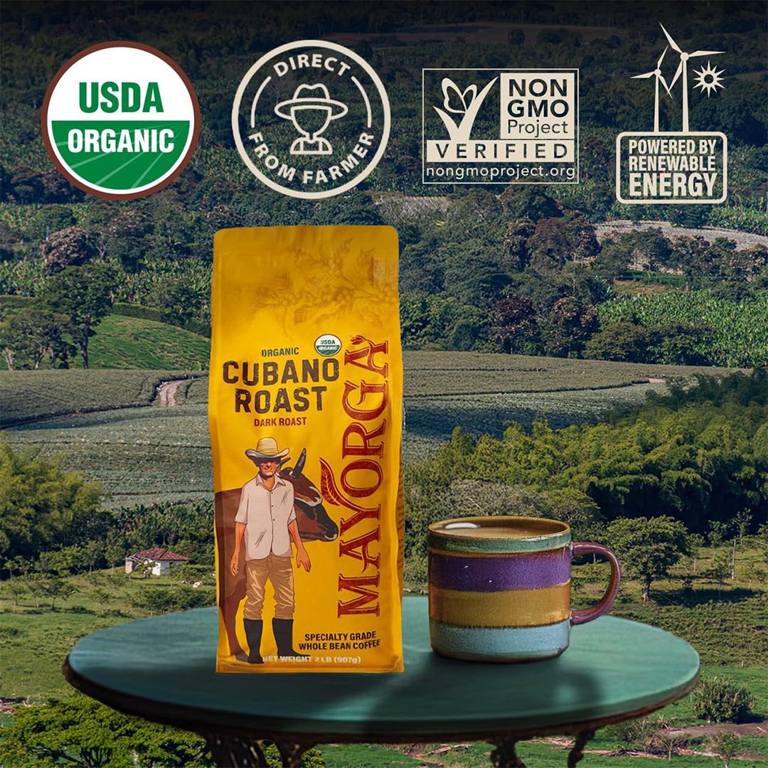 Mayorga Organic Coffee 2lb Cafe Cubano Roast - Dark Roast Whole Bean Specialty Grade Coffee, 100% Arabica, Slow Roasted,